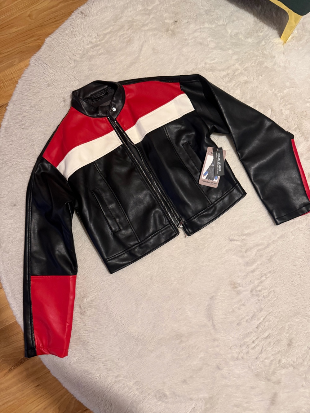 Ci Sono Black, Red & White Vegan Leather Bomber Jacket